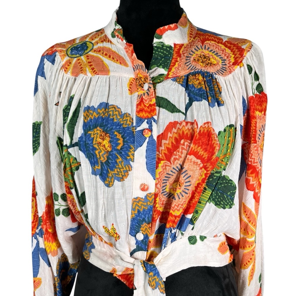 Nicole Miller Cream Boho Top Orange Floral Puff Sleeve Cottagecore Tropical